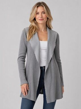 Cut loose Raw Hem Ribbed Open Front Cardigan Jacket Grey Small Lagenlook
